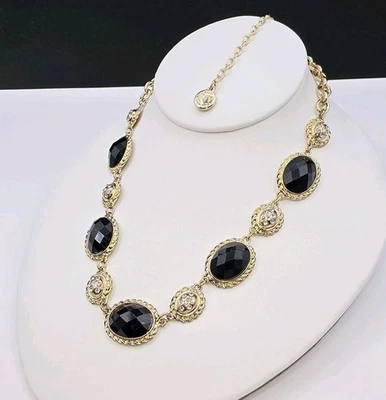 Collar Jones New York Tono Dorado Piedras Facetadas Negras Acentos Cristal 20" Ajustable Foto 1 de 4