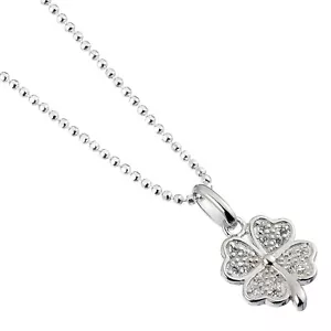 Sterling Silver Ball Bead Necklace with Crystal Four Leaf Lucky Clover Charm - Picture 1 of 5