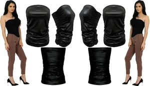 WOMENS LADIES BLACK PVC WET LEATHER LOOK RUCHE BOOBTUBE BANDEAU TOP (SM To XXL) - Picture 1 of 2