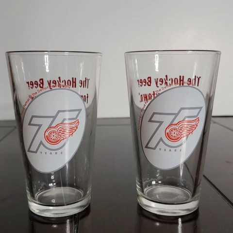 Detroit Red Wings 75th Anniversary Commemorative Drinking Glasses Lot of 2 Cover