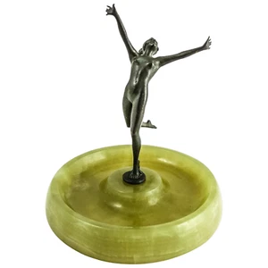 LORENZL Patinated Bronze Sculpture of a Nude Dancer on Brazilian Green Onyx Tray - Picture 1 of 7