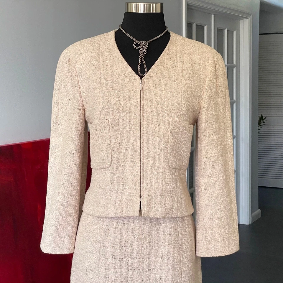 CHANEL Falda Traje Conjunto 36 Piel Color Boucle Tweed Cremallera Manga Larga Chaqueta Una Línea Foto 1 de 4