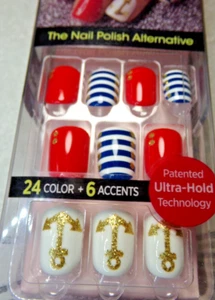 IMPRESS Color NAILS PRESS ON SHORT - Shiny Red White Blue Nautical Anchors Navy - Picture 1 of 3