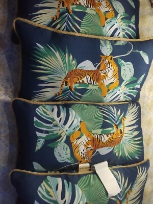  Lot Of 4 Allen + Roth Jungle Tiger Lumbar Pillow Blue Tropical Palm Leaf Print  - Image 1 of 4