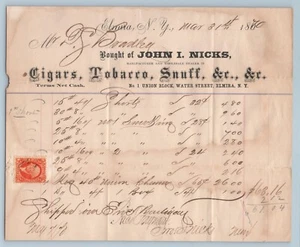 RICEVUTA EFFIMERA BOLLLHEAD John I Nicks Sigari Tabacco Tabacco Mar 1870 Elmira NY - Foto 1 di 2