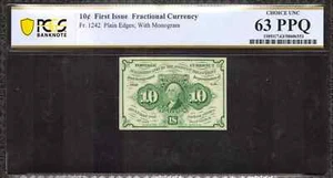FIRST ISSUE 10C FRACTIONAL CURRENCY FR.1242 PLAIN EDGES PCGS CU 63 PPQ (553) - Picture 1 of 2