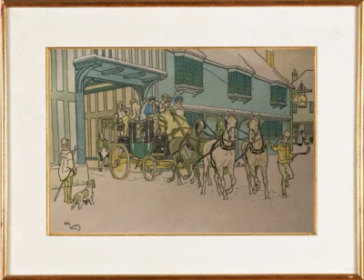 Harry Eliott (1882-1959) ESTAMPE REHAUSSEE LE DEPART DU RELAIS (36) - Photo 1/4