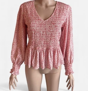 Japna Chemisier Femme Grand Smocké Peplum Rouge Floral Manches Longues Col V Boho - Photo 1/17