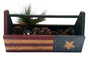Wood Patriotic Tool Box With Handle American Flag Farmhouse Country Cottage Core - Picture 1 of 6