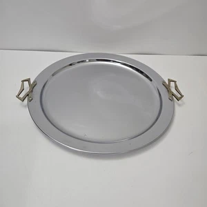 Vintage Kromex Extra Large Round Serving Tray Gold Handle Chrome Platter  19" - Picture 1 of 7