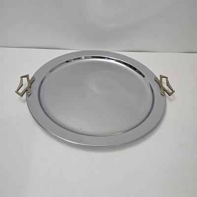 Vintage Kromex Extra Large Round Serving Tray Gold Handle Chrome Platter  19" - Image 1 of 4