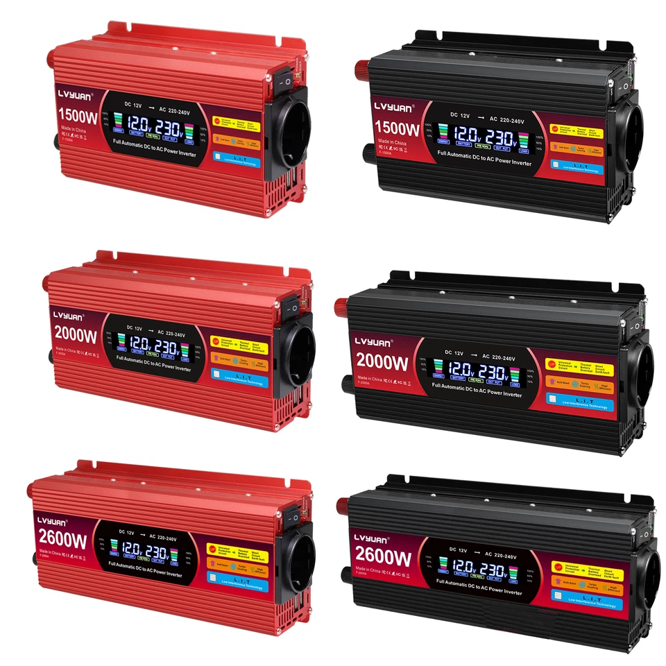 LVYUAN 1500W 2000W 2600W Spannungswandler DC 12V auf AC 230V Wechselrichter mit USB+LCD