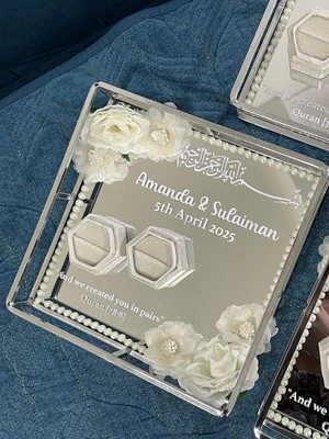 Custom Nikkah Wedding Ring Tray | Personalized Mirror Ring Display | Silver - image 1 of 4