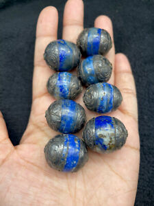 Vintage Sterling Silver 8 Pieces Lapis Lazuli Capped Beads For Jewelry Making