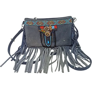 Vintage Suede Fringe Shoulder Bag - Designer Handbag with Unique Beads & Buttons - Picture 1 of 12