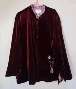 SUSAN GRAVER WOMENS RED 3X JACKET BUTTON VELVET EMBROIDERED MANDARIN COLLAR - Picture 1 of 7