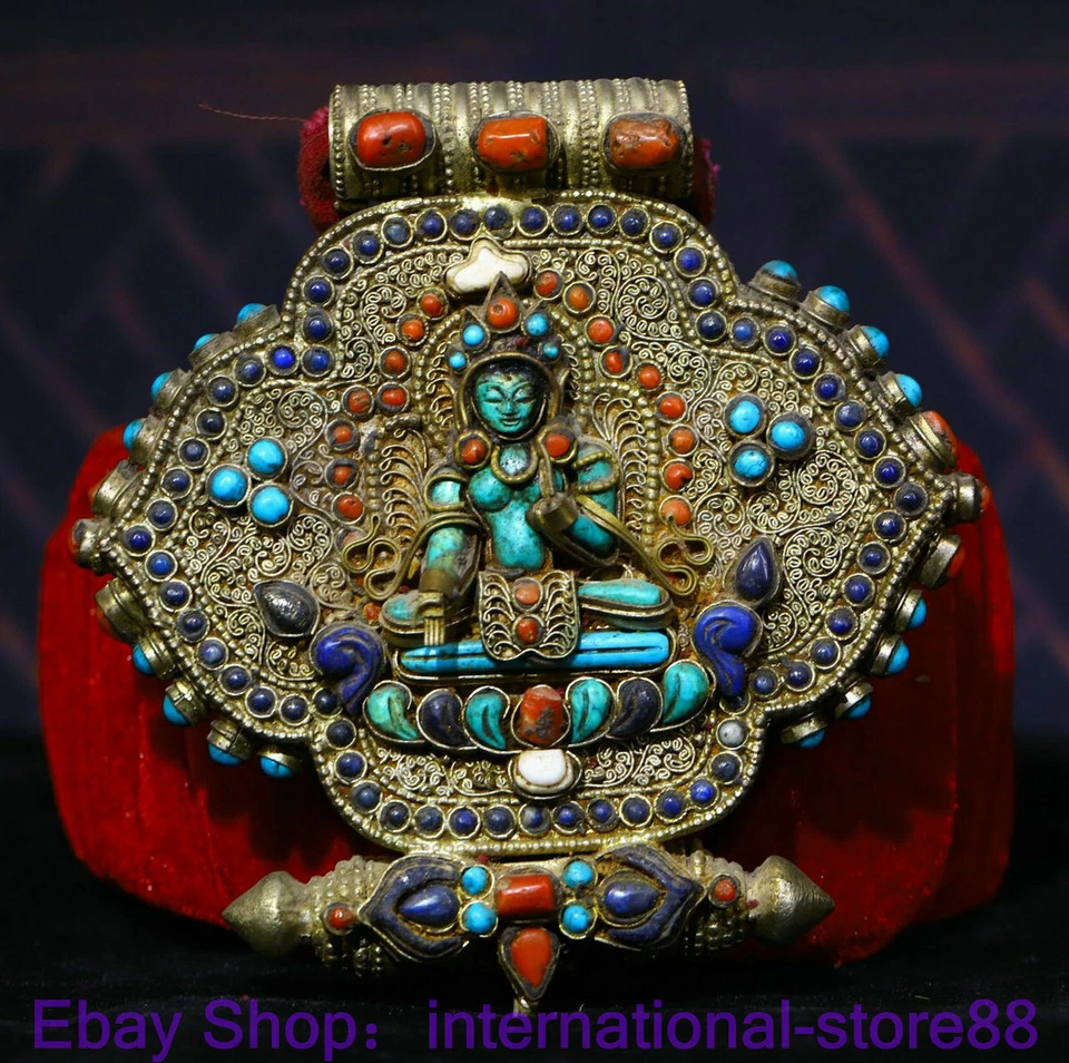 Antiguo Tíbet Filigrana Coral Gemas Budismo Tara Guanyin Buda Gawu Caja Foto 1 de 4