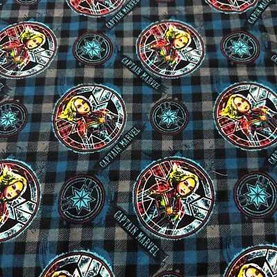 30" Captain Marvel Super Hero Badges Plaid Cotton Flannel Fabric Camelot - Image 1 of 3