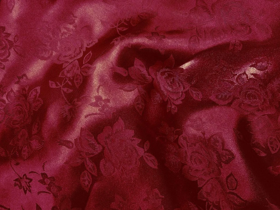 SATIN BURGUNDY BROCADE FLORAL JACQUARD BACKDROP FABRIC WEDDING YARD HOME DECOR - Image 1 of 1