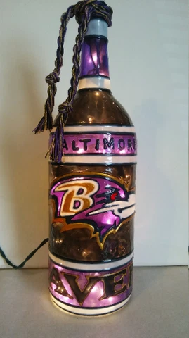 Baltimore Ravens Inspired Bottle Lamp Lighted Hand painted Stained Glass Look Cover