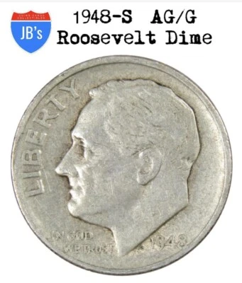 1948 S Roosevelt Dime 90% SILVER About Good/Good or Better (AG/G) *JB's Coins* - Image 1 of 4