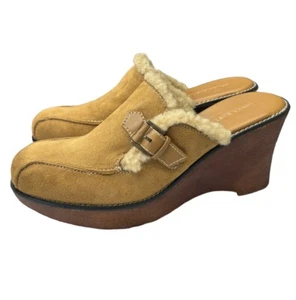 Lower East Side VTG Mules Size 9.5 Clogs Tan Suede & Sherpa Gummies Wedge Heel - Picture 1 of 9