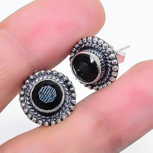 Black Spinel Gemstone 925 Sterling Silver Jewelry Stud Earrings Size 0.6" - Picture 1 of 1