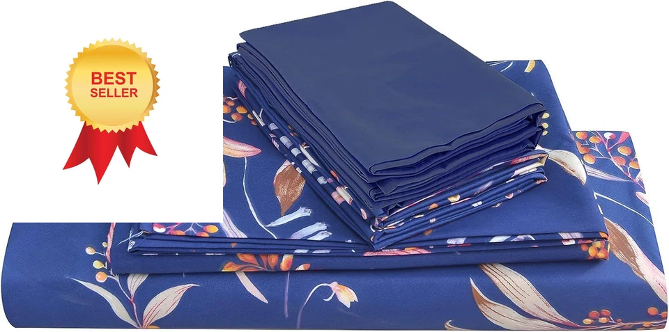 JSD Navy Blue Floral Printed King Sheet Set, 6 Piece Botanical King,  - Image 1 of 4