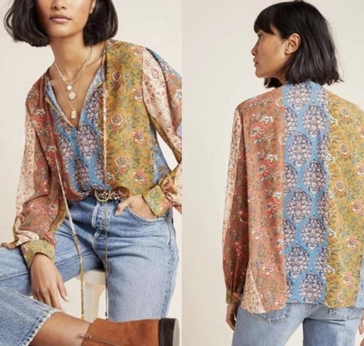 Blusa Joan Vass Para Mujer Floral Boho Hippy Festival Borla Corbata Top Blusa Talla S Foto 1 de 4