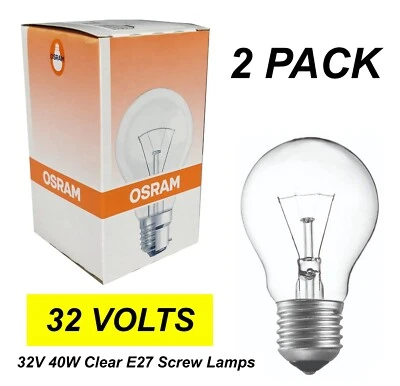 2 x Low Voltage GLS Light Globes Bulbs Lamps 32V 40W Clear E27 Screw A60 - Image 1 of 2