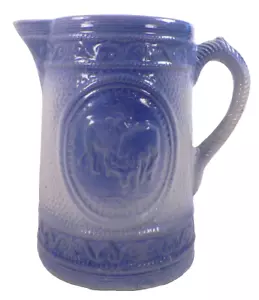 Salt Glaze Pitcher Cows Blue & White Stoneware Country Primitive Antique - Picture 1 of 10