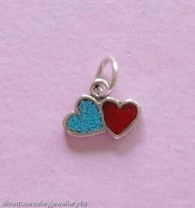 Tiny Blue & Red Two Love Hearts Charm STERLING SILVER, TURQUOISE & SIM CORAL