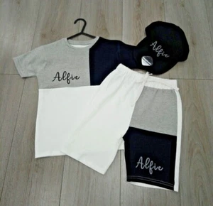 Personalised GREY PASTEL T-Shirt & Shorts Summer Set baby kids 6months to 10yrs - Picture 1 of 3