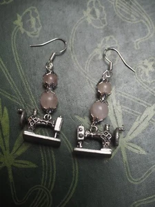 Sewing Machine & Rose Quartz Earrings - Silver Earwires - Cottage Core - Picture 1 of 4