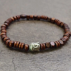 Herren Holz Perlen Stretch Armband Gebet Meditation Yoga Bohemian Surfer - Bild 1 von 2