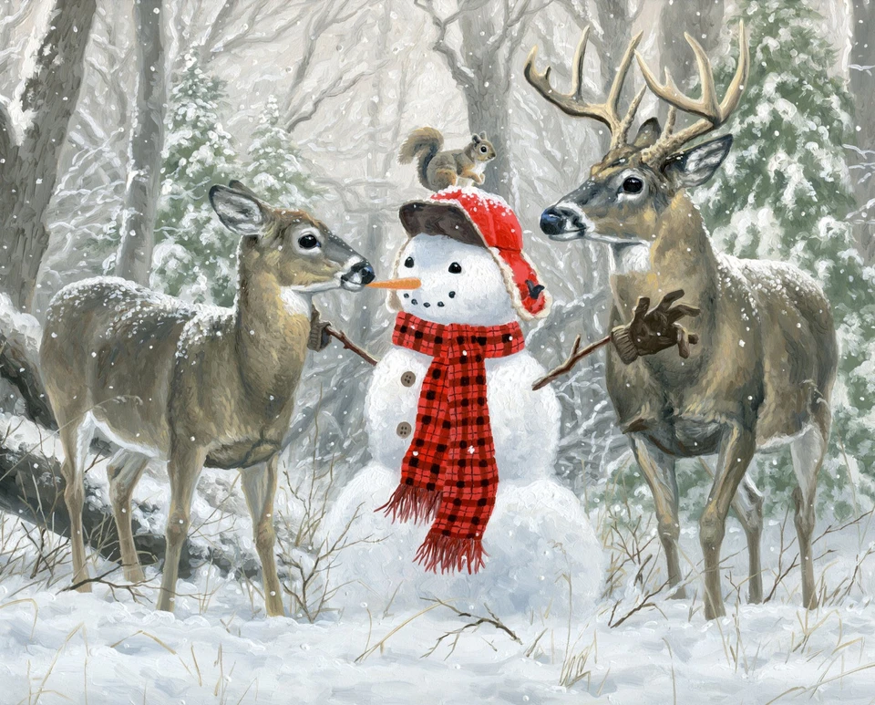 Christmas Friends Fabric Snowman Snow Reindeer Digital Cotton David 35" Panel - Image 1 of 1