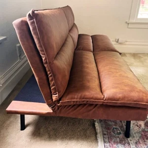Mid-century Modern Convertible Futon Sofa Bed Faux Leather Convert Couch Camel - Picture 1 of 9