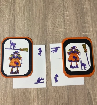 Sobre escoba bruja gato bruja tarjetas de felicitación estampadas hechas a mano vintage de Halloween Foto 1 de 4