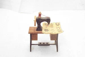 Miniature Wood Treadle Sewing Machine with Quilt Figure 3 ½” Tall - Picture 1 of 6