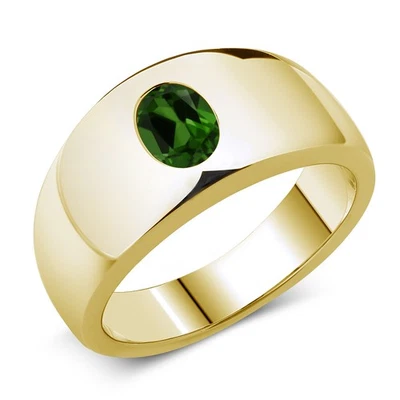 Anillo de plata enchapado en oro amarillo de 18 quilates con diopsido cromado verde ovalado de 1,20 quilates para hombre Foto 1 de 4