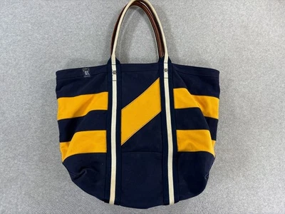 复古 RALPH LAUREN RUGBY 蓝色黄色条纹橄榄球帆布托特包 — 第 1/4 张图片