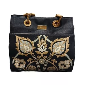 Borsa a mano Spartina 449 blu navy e marrone ricamata nuova senza etichette mai usata - Foto 1 di 7