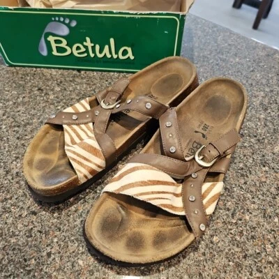 Betula Birkenstock Julie 斑马镶嵌凉鞋女式 12 码棕色带盒二手状况完好 — 第 1/4 张图片