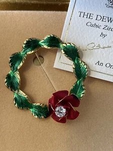 Vintage Estate Cerrito Enamel Rhinestone Rose Wreath Brooch Pin New Old Stock - Picture 1 of 6