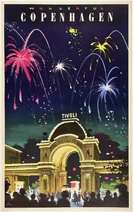 Original Vintage Poster WONDERFUL COPENHAGEN - TIVOLI Denmark Travel Tourism OL - Picture 1 of 5