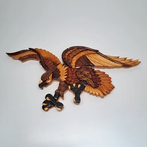 Hand Crafted Intarsia Flying Landing Eagle 3D Wood Art Wall Hanging Plaque 14.5" - Picture 1 of 14
