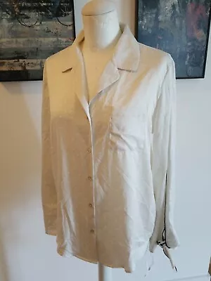 NWT Shimera Ivory Poka Dot Button Up Black Piping Pajama Top SZ S  - Image 1 of 4