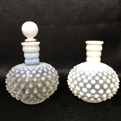 Vtg Two Fenton Hobnail Perfume Barber Bottles White Opalescent French Opalescent - image 1 of 4