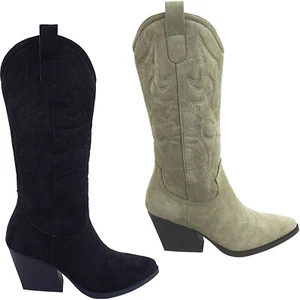 NEW WOMENS MID LOW BLOCK HEEL COWBOY WESTERN CALF KNEE COWGIRL BOOTS SHOES SIZE - Picture 1 of 10