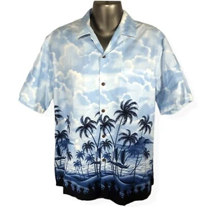 RJC Mens XL Button Up Hawaiian Short Sleeve Cotton Shirt Blue White Graphic - Picture 1 of 8